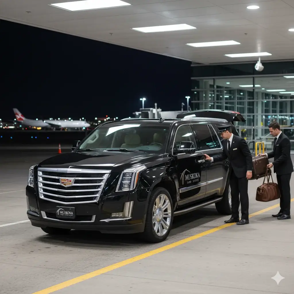 Luxury black Cadillac Escalade SUV at Toronto Pearson Airport with chauffeur assisting passenger – Muskoka Limo Service airport transfer.