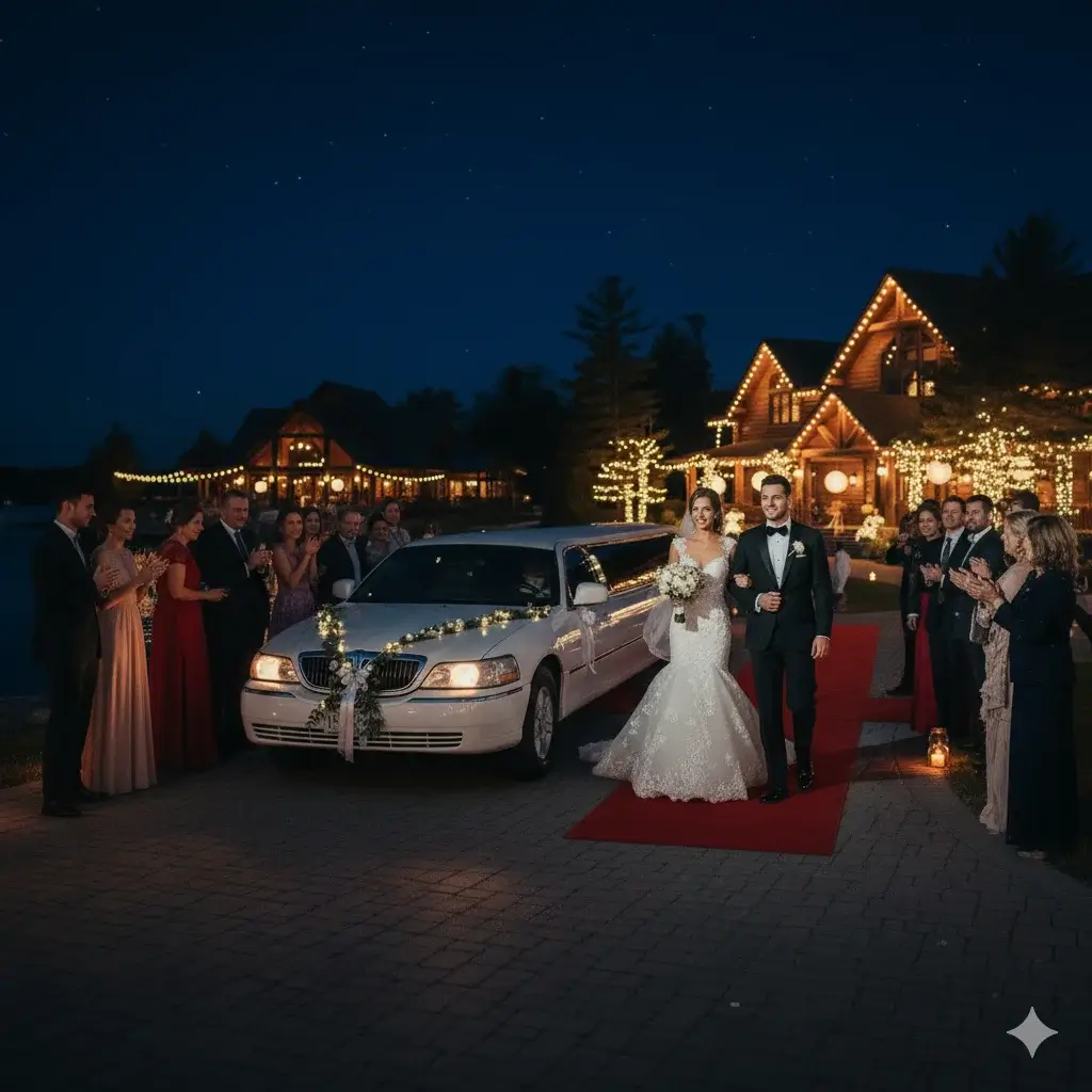 Bride and groom stepping out of a stretch limousine onto a red carpet with guests around at a Muskoka wedding venue – Muskoka Limo Service.