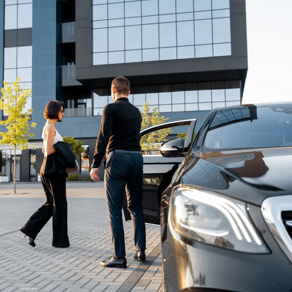 A smartly dressed chauffeur, standing by a luxurious black sedan (executive car), greets a businesswoman as she arrives or departs a modern office building. The image promotes professional and reliable Georgian Bay Limo Service for corporate transfers and executive travel.