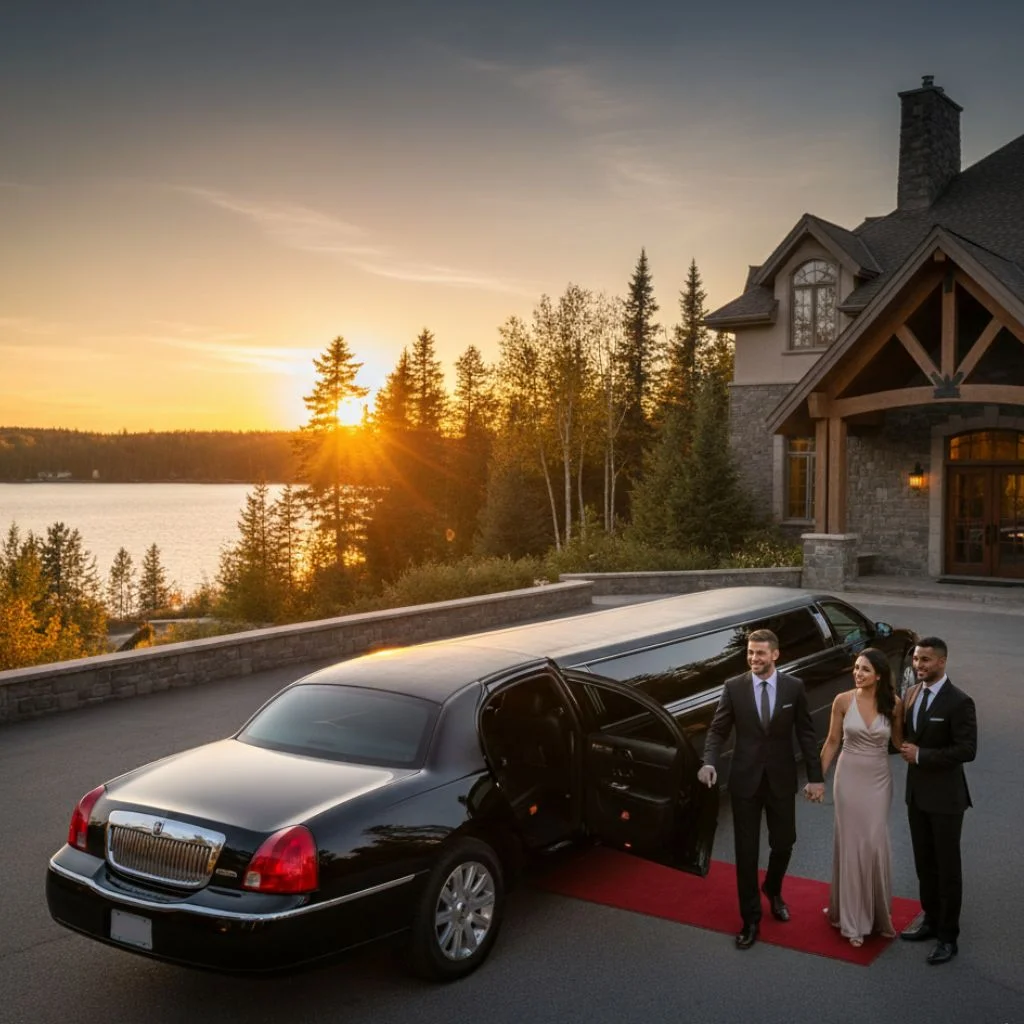 Luxurious black stretch limousine providing premium Huntsville Limo Services for a couple arriving at a grand waterfront estate during a beautiful sunset over Lake Muskoka.