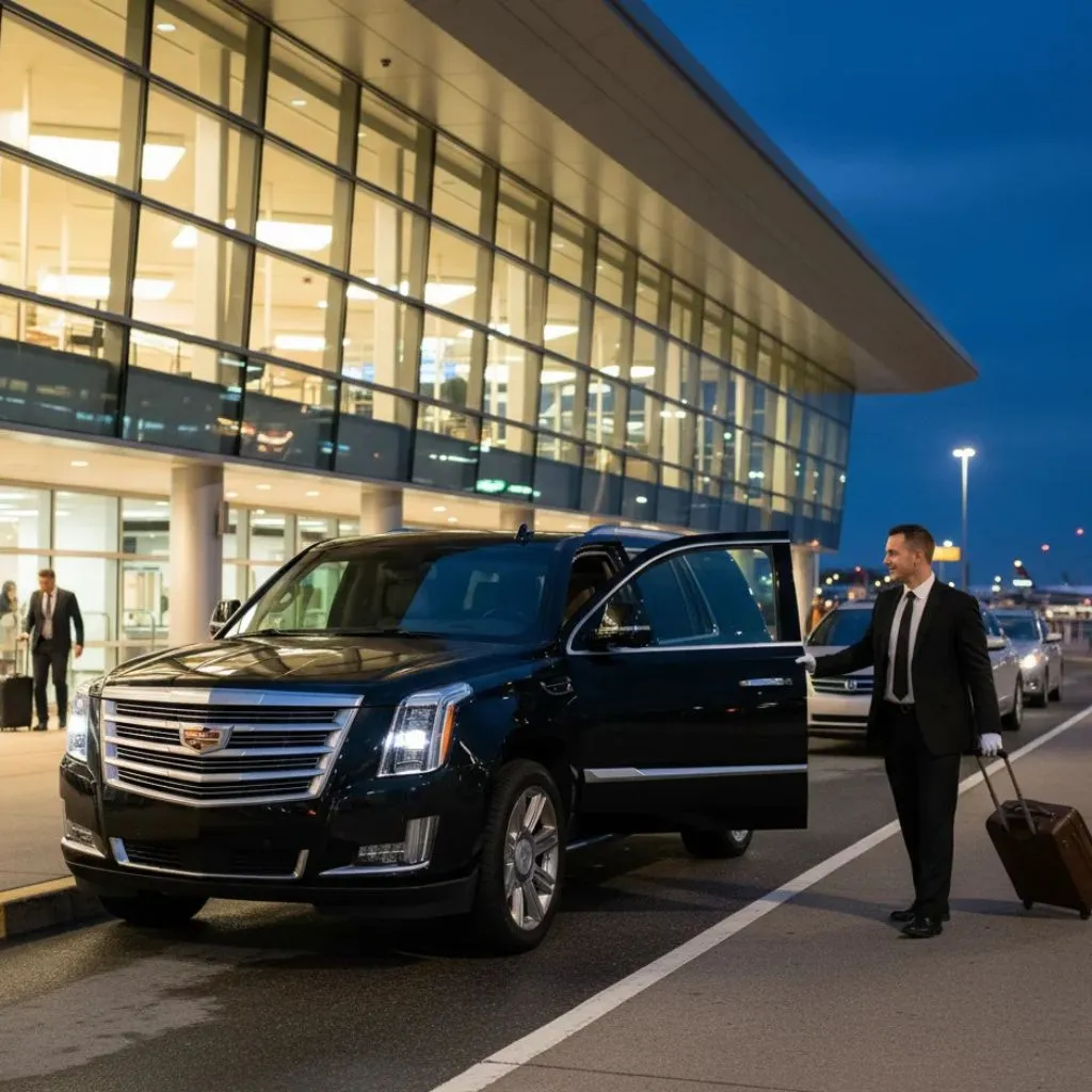 Muskoka Airport Limousine Service: Professional chauffeur holding luggage, opening the door of a black luxury SUV (Cadillac Escalade) outside a modern airport terminal at dusk.