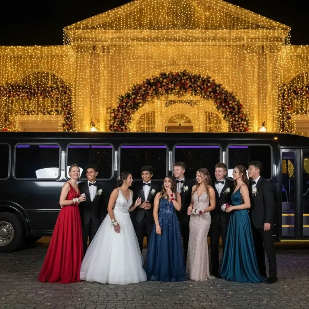 Large group of high school students in formal wear posing in front of a black Limo Bus, showcasing the luxury transportation for Prom & Formal Limo Rentals in Muskoka.