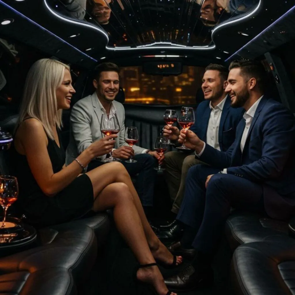 Four friends toasting with wine glasses inside a luxury limousine, representing the premium Winery & Brewery Tours Limo Service in Muskoka for safe and stylish transportation.