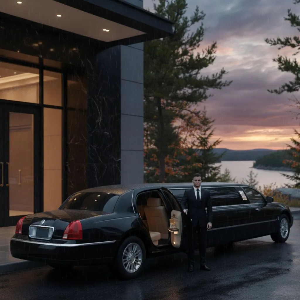 Luxury black limousine with a professional chauffeur standing by the open door, ready for Parry Sound limo service.