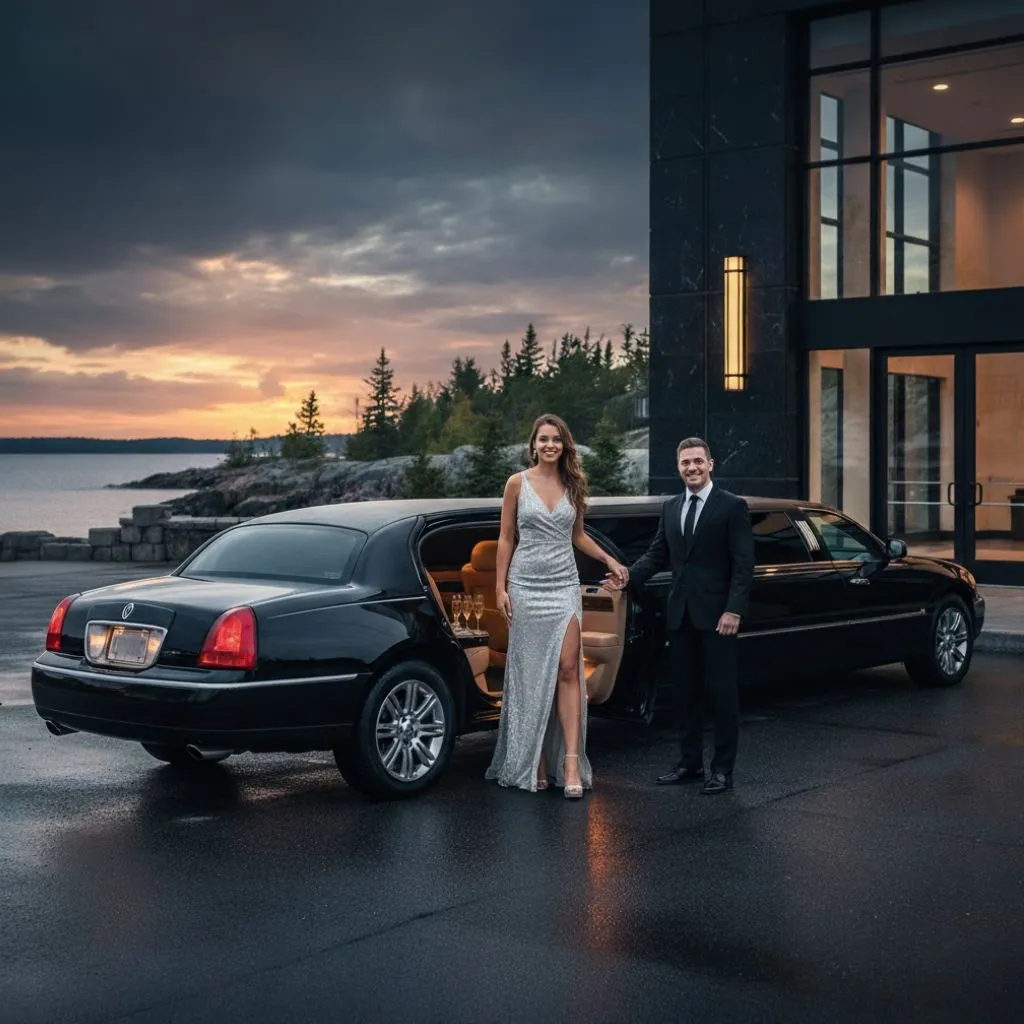 "Glamorous woman in a silver dress stepping out of a luxury black limousine with a chauffeur, representing premium limo services in Parry Sound.