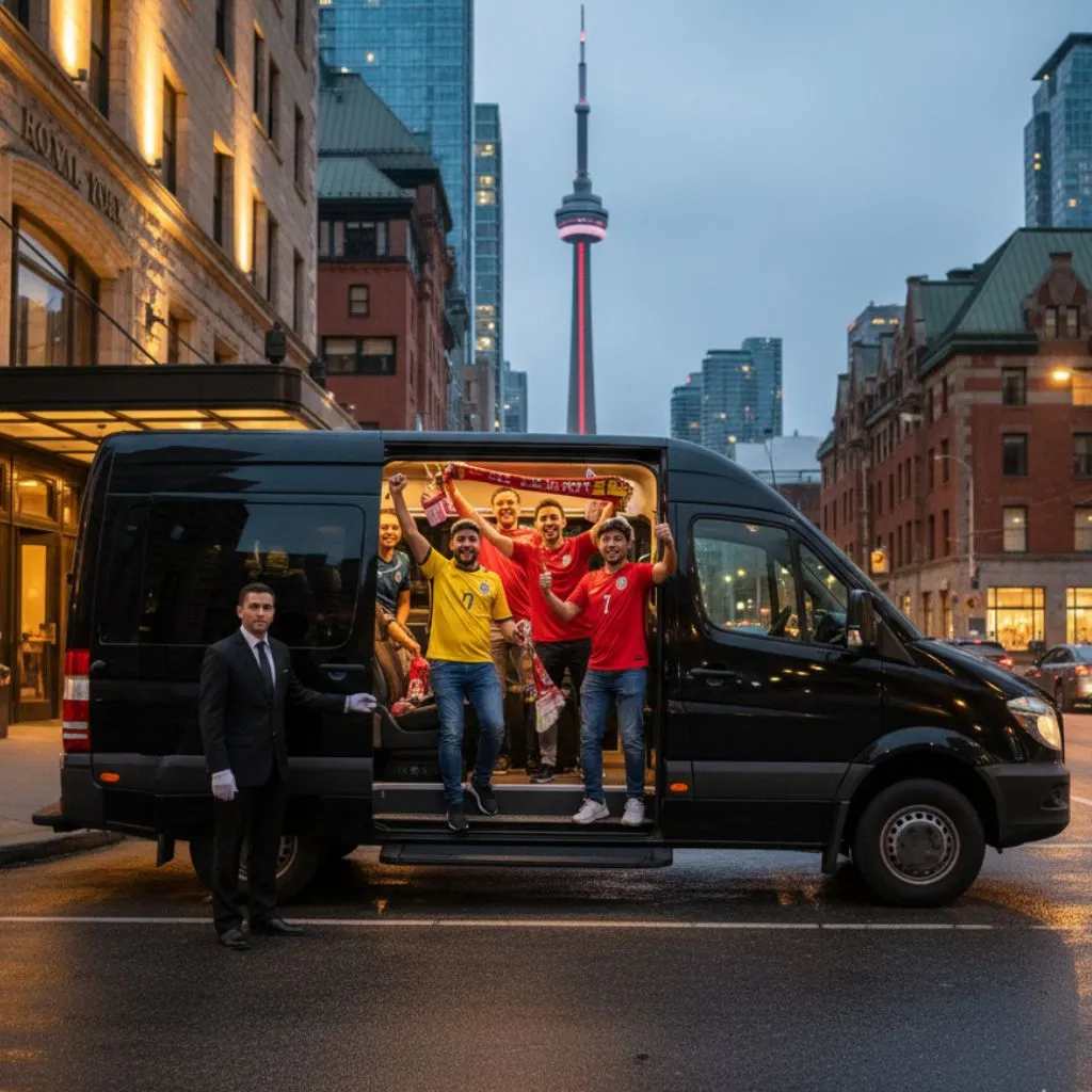 Luxury Sporting Events & Concert Limo Service in Muskoka: Fans cheering in a black Mercedes Sprinter limo van, ready for a game night in the city (Toronto skyline with CN Tower in background).