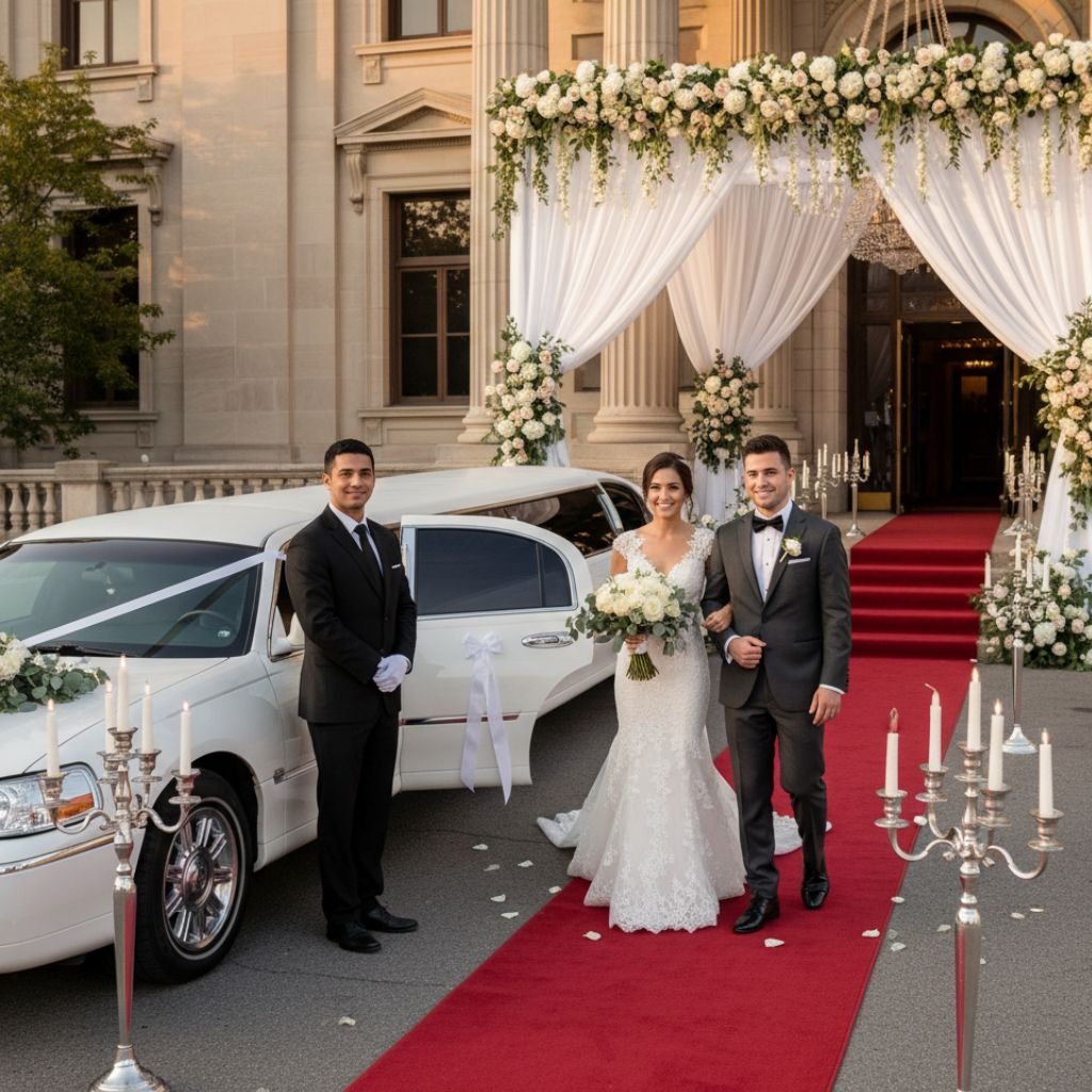 Elegant newlywed couple walking a red carpet after their ceremony, with a professional chauffeur and a white stretch limousine decorated for a premium Wedding Limousine Service.